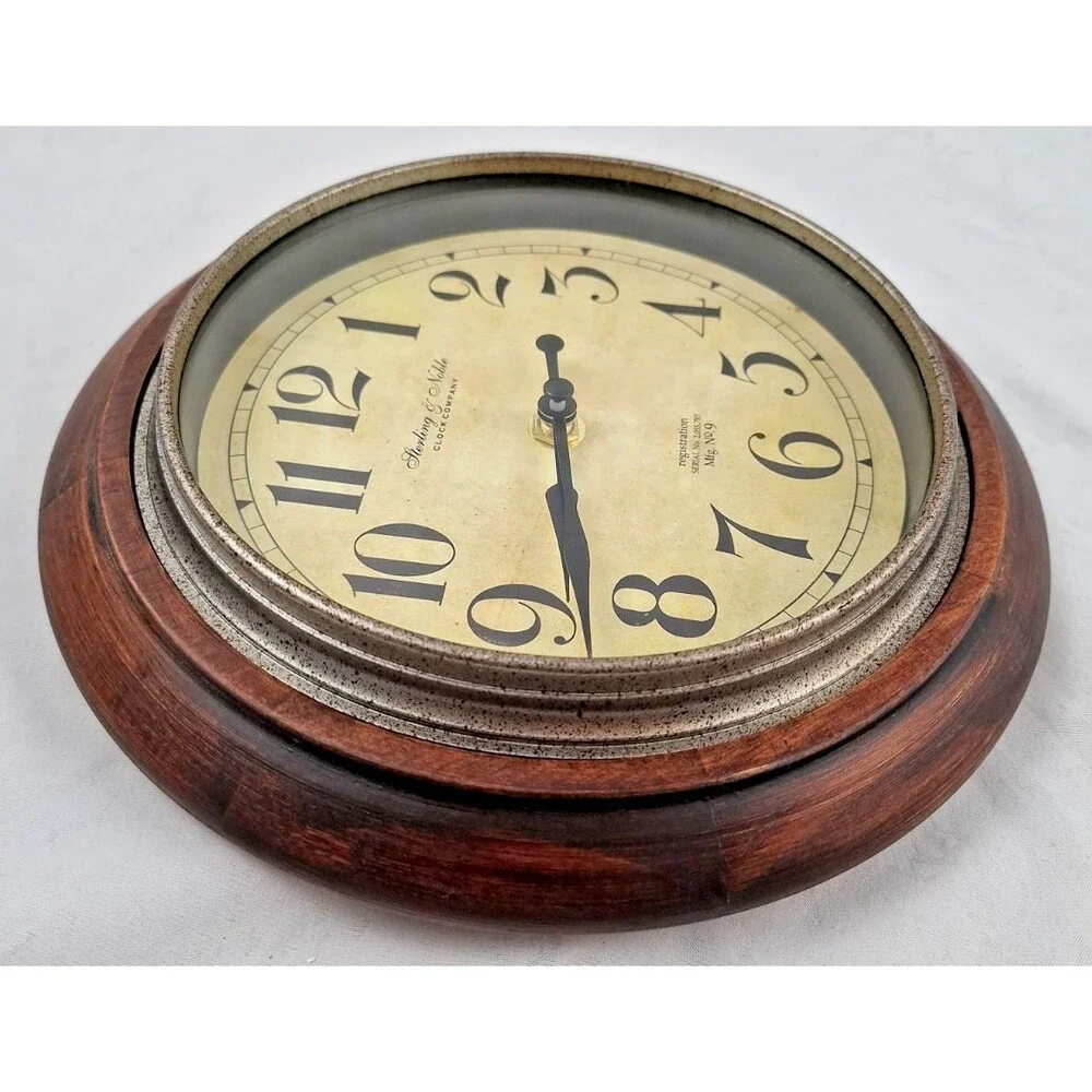Sterling & Noble Round Wall Clock 9” Dark Walnut Frame Metal Case Excellent